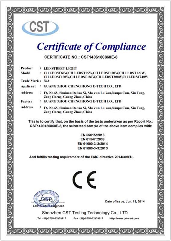 Certifications CE pour la série d'éclairage de la rue LED